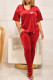 Red Fashion Casual Print Patchwork V Neck Short Sleeve Two Pieces