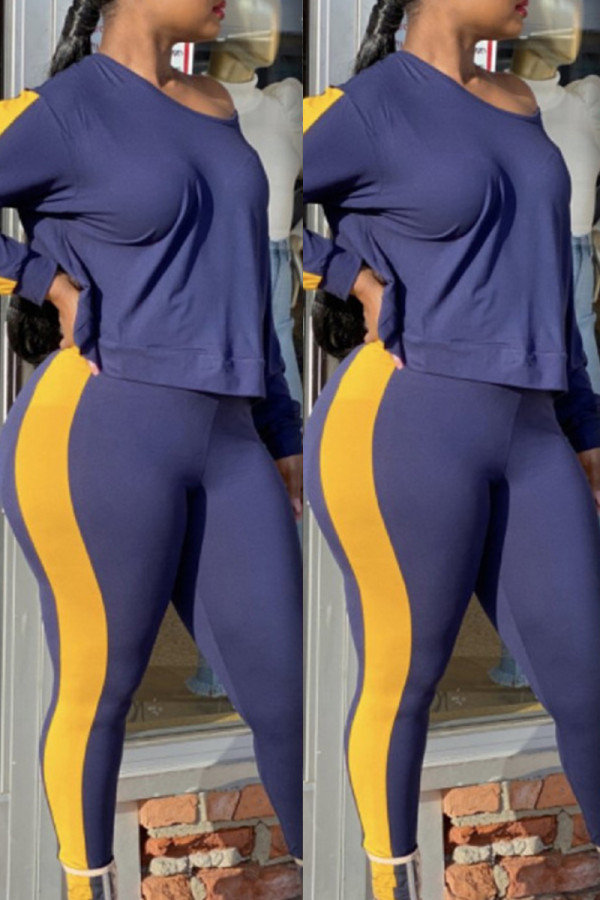 Blue Fashion Casual Solid Patchwork Oblique Collar Long Sleeve Two Pieces
