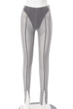 Dark Gray Fashion Sexy Patchwork See-through Skinny Low Waist Pencil Trousers