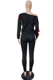 Black Fashion Casual Solid Patchwork Oblique Collar Long Sleeve Two Pieces