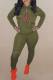 Army Green Fashion Sportswear Print Ripped Hooded Collar Long Sleeve Two Pieces