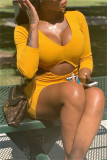 Yellow Fashion Sexy Solid Hollowed Out V Neck Long Sleeve Dresses