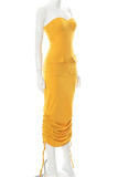 Yellow Fashion Sexy Solid Draw String Backless Strapless Long Dress