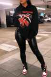 Black Fashion Casual Print Basic Hooded Collar Tops