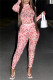 Pink Fashion Sexy Letter Print See-through Turtleneck Long Sleeve Two Pieces