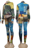 Colour Sexy Print Patchwork Turndown Collar Long Sleeve Two Pieces