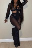 Black Fashion Sexy Patchwork Hot Drilling Bandage See-through V Neck Long Sleeve Two Pieces