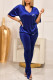 Royal Blue Fashion Casual Print Patchwork V Neck Short Sleeve Two Pieces