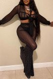 Black Fashion Sexy Patchwork Hot Drilling Bandage See-through V Neck Long Sleeve Two Pieces