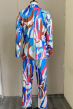Blue Fashion Casual Print Cardigan Pants Turndown Collar Long Sleeve Two Pieces
