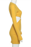 Yellow Fashion Sexy Solid Hollowed Out V Neck Long Sleeve Dresses