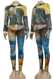 Colour Sexy Print Patchwork Turndown Collar Long Sleeve Two Pieces