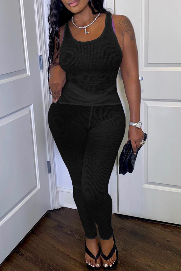 Black Sexy Solid Patchwork O Neck Sleeveless Two Pieces