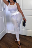 White Sexy Solid Patchwork O Neck Sleeveless Two Pieces
