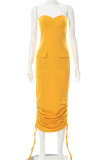 Yellow Fashion Sexy Solid Draw String Backless Strapless Long Dress