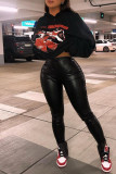 Black Fashion Casual Print Basic Hooded Collar Tops