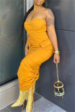 Yellow Fashion Sexy Solid Draw String Backless Strapless Long Dress