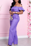 Light Blue Fashion Casual Solid Backless Off the Shoulder Short Sleeve Two Pieces