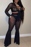 Black Fashion Sexy Patchwork Hot Drilling Bandage See-through V Neck Long Sleeve Two Pieces