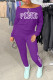 Purple Casual Letter Print Patchwork Off the Shoulder Long Sleeve Two Pieces
