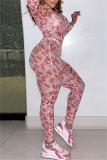 Pink Fashion Sexy Letter Print See-through Turtleneck Long Sleeve Two Pieces