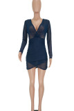 Deep Blue Sexy Solid Patchwork See-through Backless Fold V Neck One Step Skirt Dresses