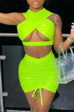 Fluorescent Green Fashion Sexy Solid Hollowed Out Draw String V Neck Sleeveless Two Pieces