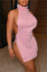 Pink Fashion Sexy Solid Hollowed Out Backless Slit Halter Sleeveless Dress