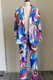 Blue Fashion Casual Print Cardigan Pants Turndown Collar Long Sleeve Two Pieces