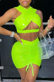 Fluorescent Green Fashion Sexy Solid Hollowed Out Draw String V Neck Sleeveless Two Pieces