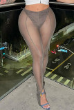 Dark Gray Fashion Sexy Patchwork See-through Skinny Low Waist Pencil Trousers