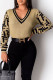 Camel Fashion Celebrities Letter Patchwork V Neck Tops