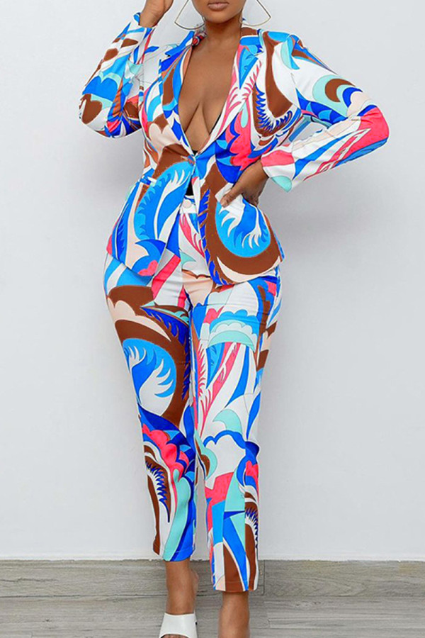 Blue Fashion Casual Print Cardigan Pants Turndown Collar Long Sleeve Two Pieces