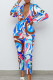 Blue Fashion Casual Print Cardigan Pants Turndown Collar Long Sleeve Two Pieces