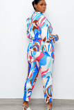 Blue Fashion Casual Print Cardigan Pants Turndown Collar Long Sleeve Two Pieces