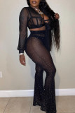 Black Fashion Sexy Patchwork Hot Drilling Bandage See-through V Neck Long Sleeve Two Pieces