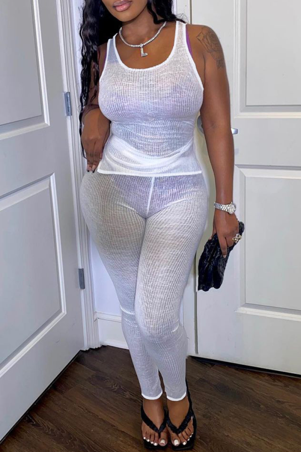 White Sexy Solid Patchwork O Neck Sleeveless Two Pieces