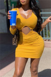 Yellow Fashion Sexy Solid Hollowed Out V Neck Long Sleeve Dresses
