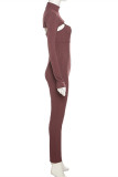 Brown Sexy Casual Solid Bandage Backless Turtleneck Long Sleeve Two Pieces