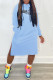 Light Blue Fashion Casual Print Letter Hooded Collar Straight Dresses
