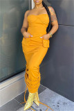 Yellow Fashion Sexy Solid Draw String Backless Strapless Long Dress
