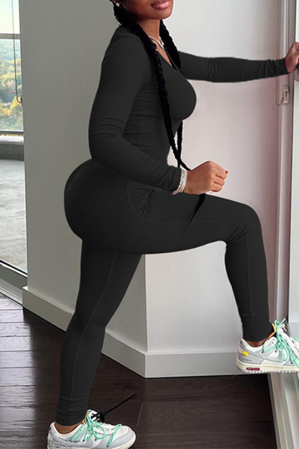 Black Casual Sportswear Solid Basic O Neck Long Sleeve Two Pieces