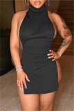 Black Fashion Sexy Solid Hollowed Out Backless Slit Halter Sleeveless Dress