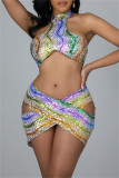 Multi-color Fashion Sexy Patchwork Hollowed Out Sequins Backless Halter Sleeveless Dress