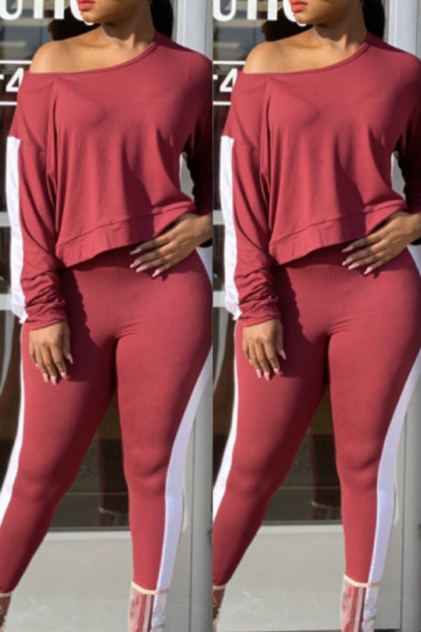 Burgundy Fashion Casual Solid Patchwork Oblique Collar Long Sleeve Two Pieces