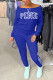 Blue Casual Letter Print Patchwork Off the Shoulder Long Sleeve Two Pieces