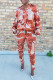Tangerine Red Fashion Casual Camouflage Print Patchwork Turndown Collar Long Sleeve Two Pieces