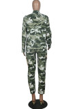 Green Fashion Casual Camouflage Print Split Joint Turndown Collar Long Sleeve Two Pieces