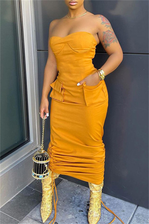 Yellow Fashion Sexy Solid Draw String Backless Strapless Long Dress