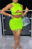 Fluorescent Green Fashion Sexy Solid Hollowed Out Draw String V Neck Sleeveless Two Pieces